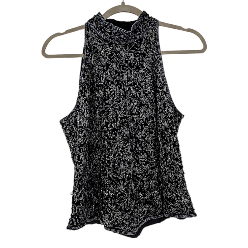 Vintage Beaded Silk Blouse Womens size Medium Sleeveless High Neck Top